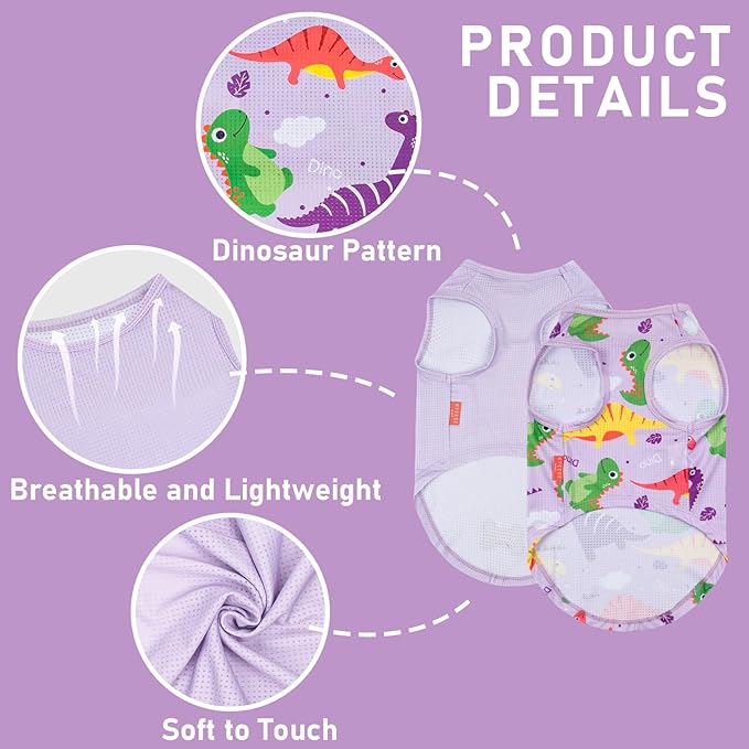 KYEESE 2 Pack Dog Shirts for Medium Dogs Quick Dry Breathable with Reflective Label Tank Top Sleeveless Vest Dog Apparel Dinosaur Pattern Sun-Blocking for Summer, XX-Large, Dinosaur+Purple