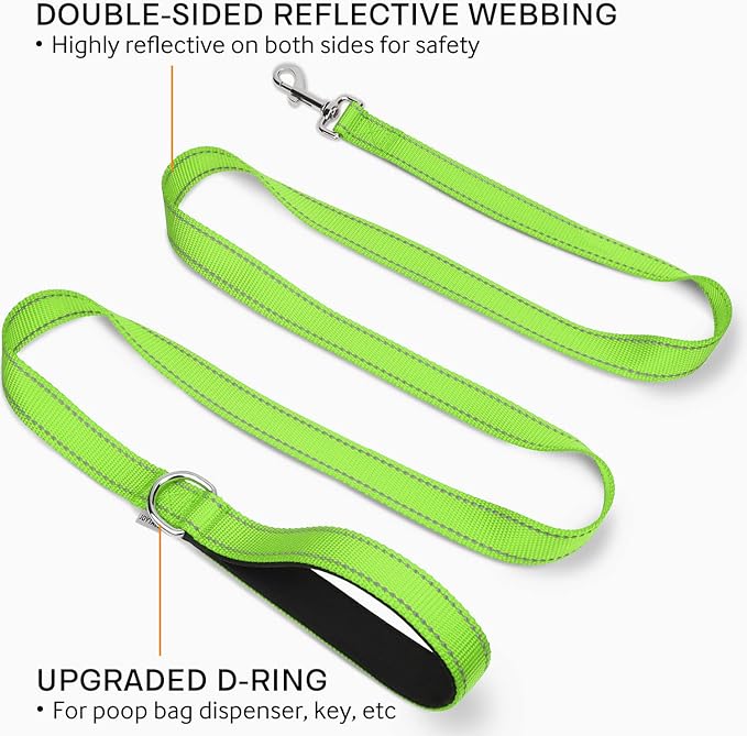 Joytale Double-Sided Reflective Dog Leash, 6 FT/5 FT/4 FT, Padded Handle Nylon Heavy Duty Leashes for Medium & Large Dogs Walking, Green, 6FT