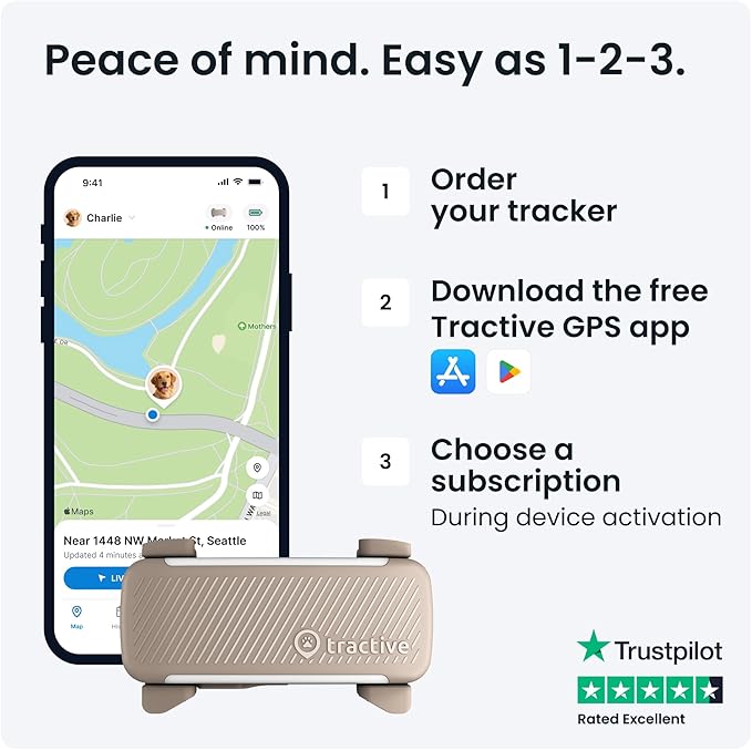 Tractive GPS Dog Tracker (2025 Release) | Real-time Pet Location Tracker | Health & Wellness Alerts | Virtual Fence for Dogs | Bark Monitoring | Dog Collar Attachment (Brown)