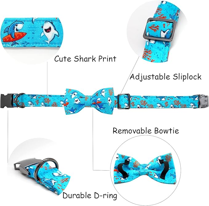 Dog Collar, Shark Print Bowtie Puppy Collar Boy Pet Collar Bow Tie Collar for Dogs Soft Durable Adjustable Dog Collars for Large Dogs