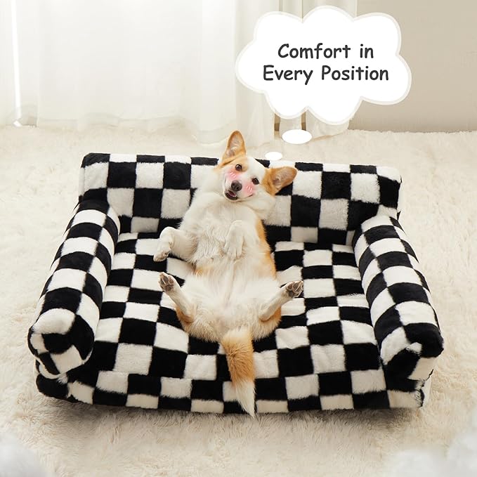BFPETHOME Dog Couch Bed, Cute Pet Sofa with Non-Slip Bottom, Checkered Dog Bed with Washable Cover, XL Pet Couch (Black&White)