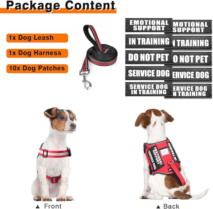 WINSEE Small Dog Harness & Leash Set, Red, X-Small, Nylon, Emotional Support Therapy Vest with 10 Patches, Breathable, Adjustable, for Service Dog Training