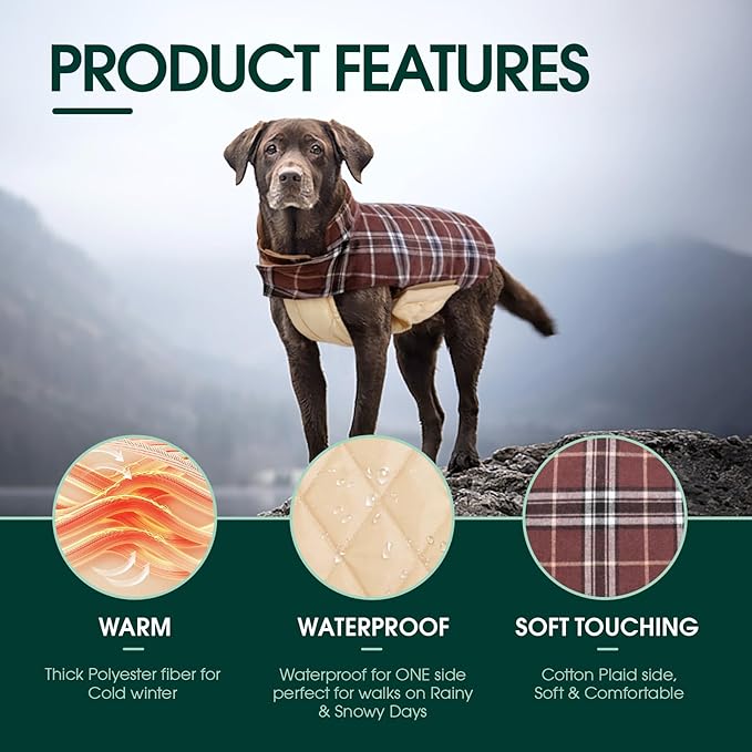 Kuoser Warm Dog Coat, Waterproof Dog Coats for X-Small Dogs, Adjustable Durable Doggie Winter Jacket Reversible Cozy Puppy Cold Weather Apparel from Small to Large Breed, Brown XS