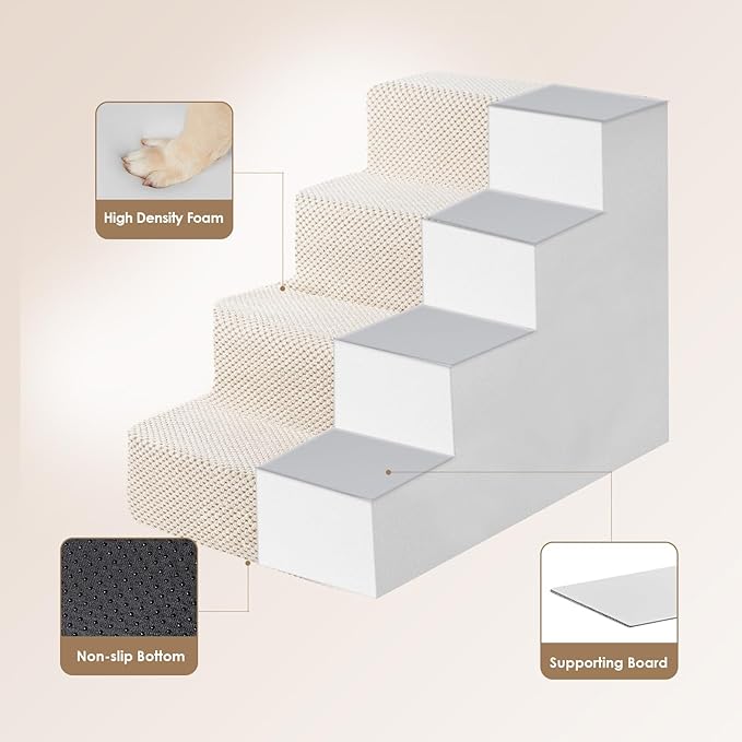 EHEYCIGA Dog Stairs for Bed 18”H, 4-Step Dog Steps for High Bed, Pet Steps for Small Dogs and Cats, Non-Slip Balanced Pet Ramp Indoor, Beige