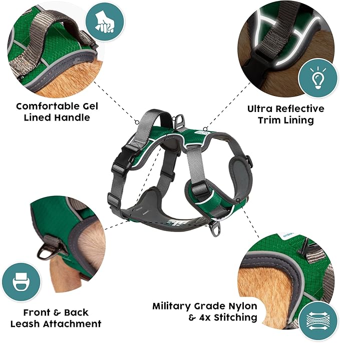 Embark Adventure Dog Harness, Reflective Trim No Pull Dog Harness for Large Dogs - Military Grade Nylon, Front Clip with Gel Lined Handle.