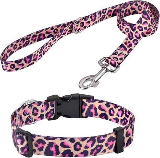 Dog Collar and Leash Set with Bohemia Floral Tribal Geometric Patterns - Soft Ethnic Style Collar Adjustable for Small Medium Large Dogs(Pink Leopard Set,S)