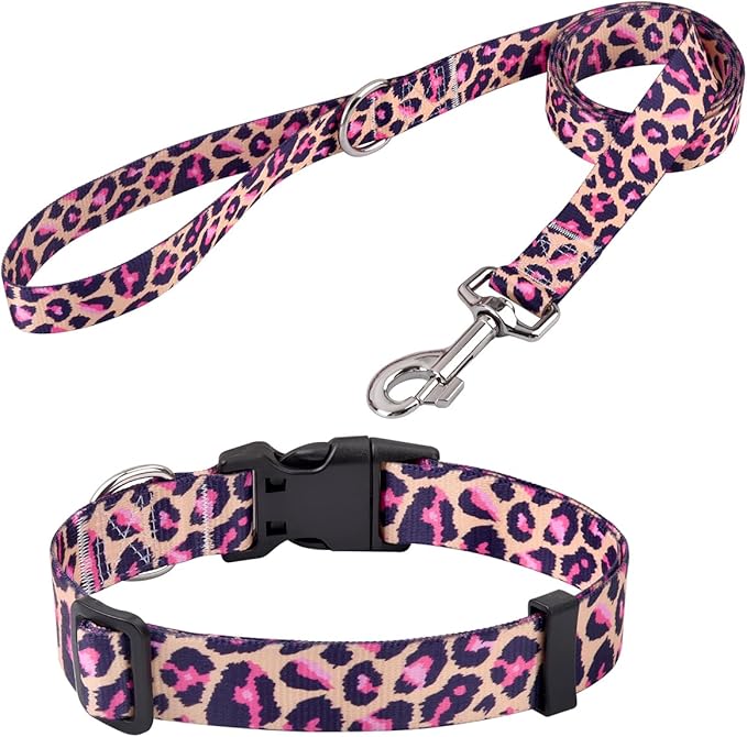 Dog Collar and Leash Set with Bohemia Floral Tribal Geometric Patterns - Soft Ethnic Style Collar Adjustable for Small Medium Large Dogs(Pink Leopard Set,M)