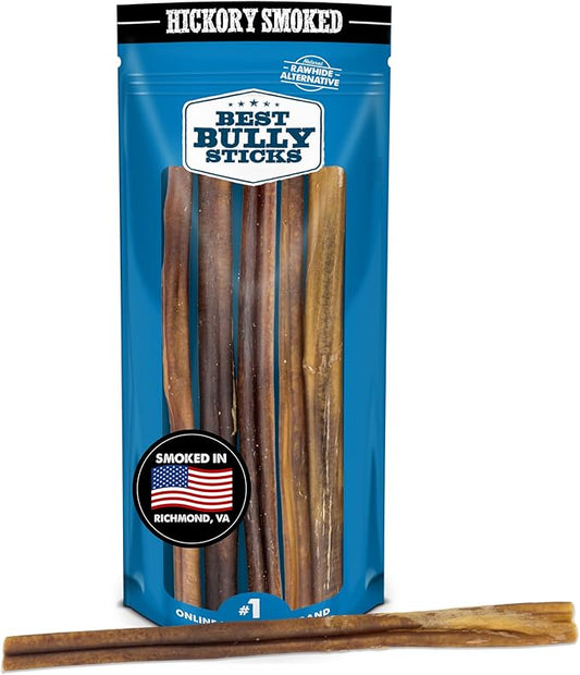 Best Bully Sticks Hickory Smoked Thick 12 Inch Bully Sticks - 5 Count (Pack of 1) - Natural, Grain and Odor-Free, Smoky Aroma, No Additives, Grass-Fed