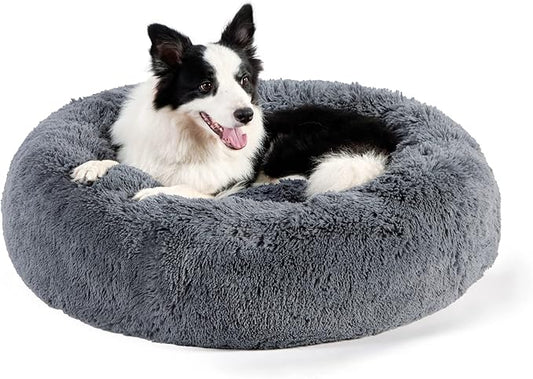 Bedsure Calming Dog Bed for Large Dogs - Donut Washable Large Pet Bed, 36 inches Anti-Slip Round Fluffy Plush Faux Fur Dog Bed, Fits up to 100 lbs Pets, Dark Grey