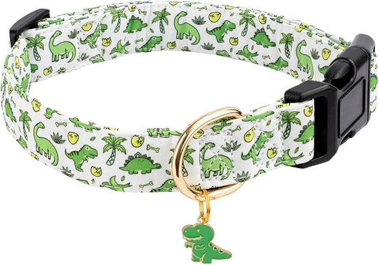 Cotton Dog Collar,Soft and Cute Puppy Collars with Dinosaur Patterned Design for Girl Female Boy Dogs,Adjustable Buckle Pet Collar for Small Medium Large Dogs (Green Dinosaur, S)