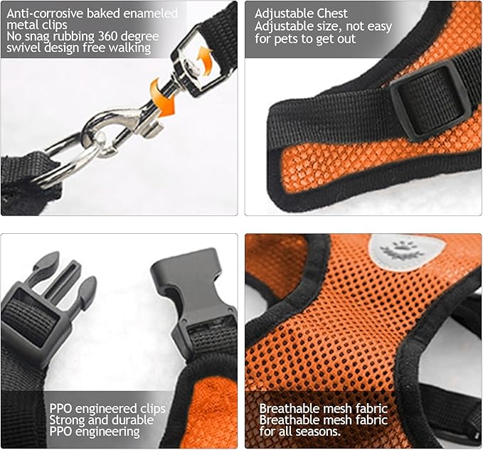 shudyear Dog Walking Chest Harness and Leash, Anti-Escape Adjustable Soft Mesh Dog Leash and Harness Set for Small Dog and Puppies, Vest for Medium Sized Dogs (Orange, M)