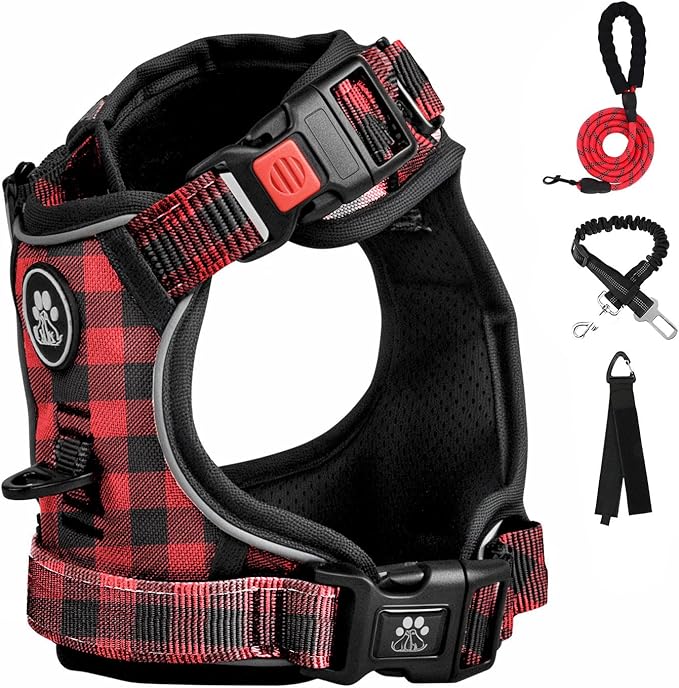 FURRYFECTION Plaid Dog Harness for Small Dogs | No Pull Reflective Pet Harness | No Choke Adjustable Dog Vest Harnesses | with Leash | Easy Control Handle | Front Lead | Seat Belt | Red&Black | S