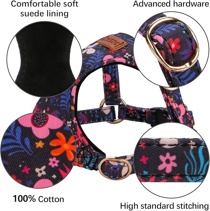 CHEDE No Pull Floral Pattern Dog Harness- Lightweight and Soft Dog Harness, Adjustable Small Dog Harness and Leash Set, with Dog Leash, Suitable for Puppy Small and Medium-Sized Dog
