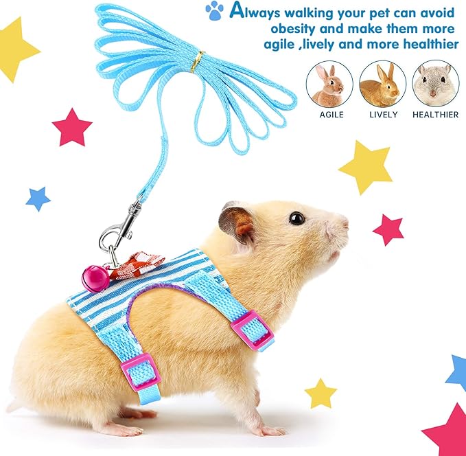 2 Pieces Hamster Harness and Leash Set for Walking, Small Guinea Pig Clothes with Bowknot Bell, No Pulling Comfort Padded Vest Striped for Guinea Pig Hamster Ferret, Small Animals (Blue, Black,S)