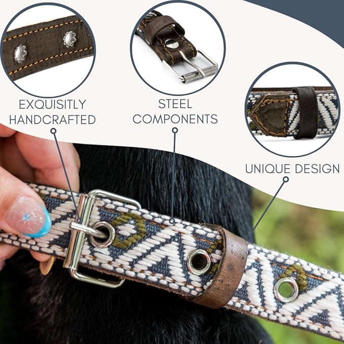 Western Dog Collar - Leather Embroidered Design for Small Medium Large Dogs & Puppy Pets - Aztec Southwest for Boy Girl Female & Male Dogs - Collar para Perros Beaded (Medium, Ceramic Cello)