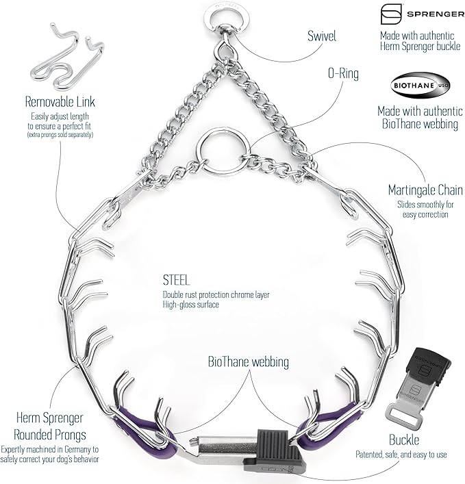 Herm Sprenger Chrome Plated Steel Dog Collar with Quick Release ClicLock Buckle and Biothane Insert Training Collar for Dogs Made in Germany (Violet Purple, 16in x 2.25mm(Neck Size up to 13-14in))