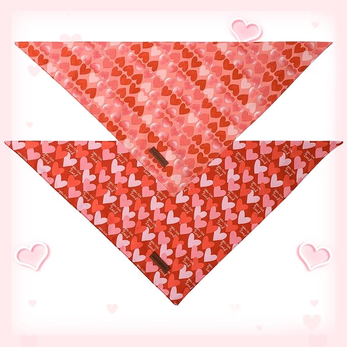 Unique Style Paws Dog Valentine's Bandanas 2Pcs Washable Cotton Triangle Painting Love Heart Puppy Scarfs for Small Medium Large Dogs and Cats