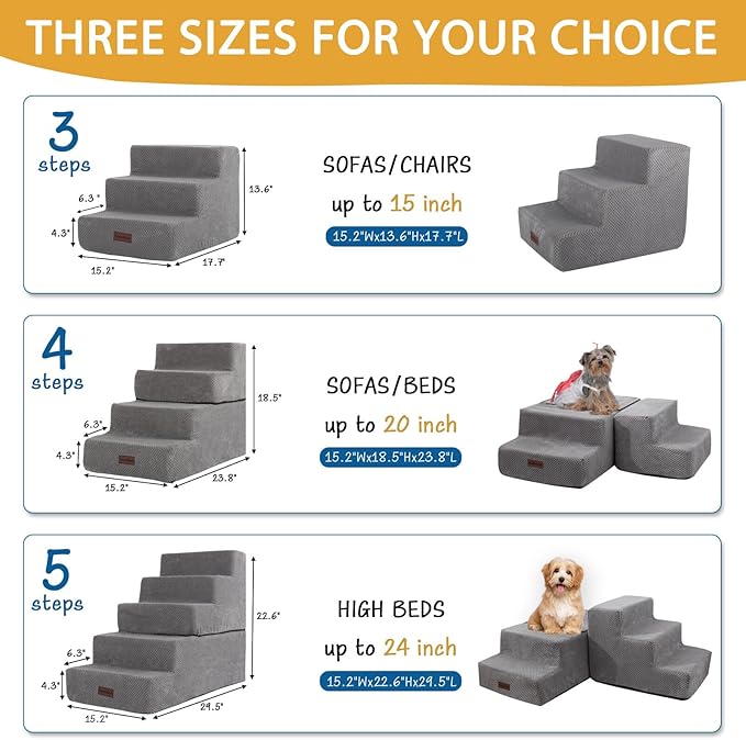 Dog Stairs for Small Dogs & Cats, 4-Step Non-Slip Pet Steps for Beds & Couches, Grey, 18.5" H
