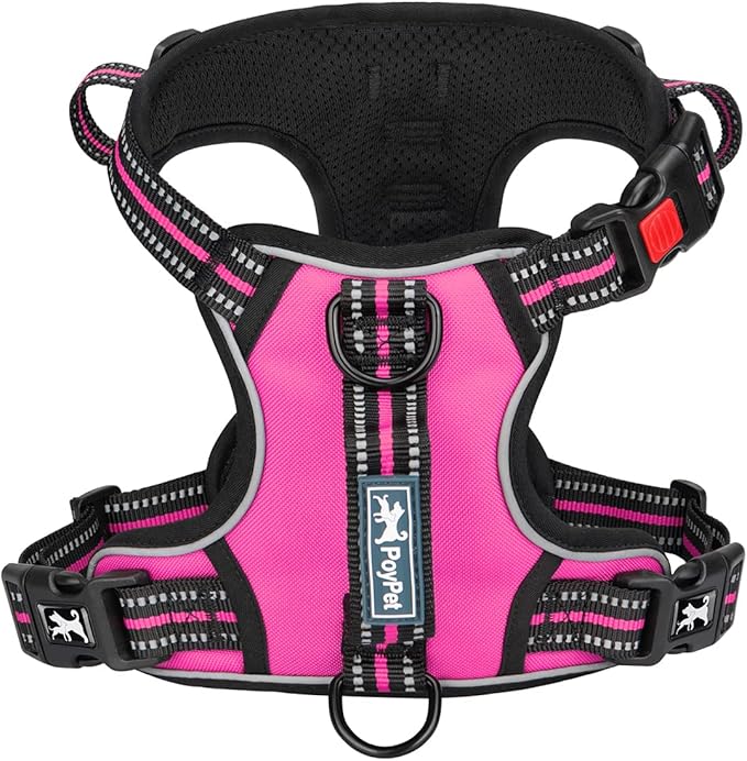 PoyPet No Pull Dog Harness, No Choke Front Clip Reflective Dog Vest with Soft Padded Vertical Handle, 3 Leash Attachments for Small Medium Large Dogs (Pink,M)