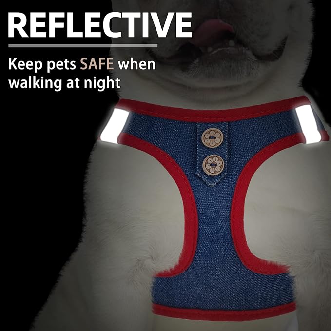 PUPTECK Dog Harness and Leash Set for Small Medium Dogs No Pull Step-in Soft Mesh Puppy Cat Vest Harnesses Reflective at Night, Denim NavyBlue L