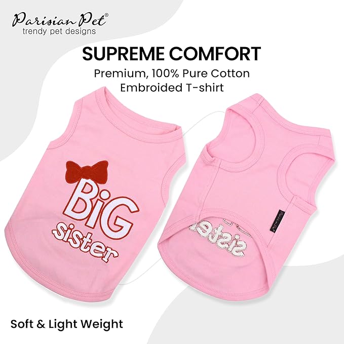 Parisian Pet Dog T-Shirt with Embroidered ' Big Sister ' - Breathable Tank Top - Sleeveless Pet Vest - Machine Washable Pink Dog Shirts for Small Dogs - XS