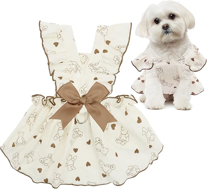 CuteBone Cotton Dog Dress Bear with Leash Ring & Sleeve Ruffles, Soft & Breathable, Stylish Pet Clothes Outfit for Small Dogs, Comfortable & Easy to Wear CFX02S