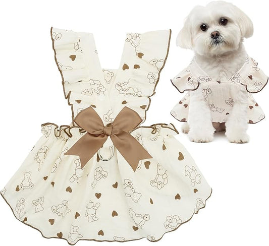 CuteBone Cotton Dog Dress Bear with Leash Ring & Sleeve Ruffles, Soft & Breathable, Stylish Pet Clothes Outfit for Small Dogs, Comfortable & Easy to Wear CFX02S
