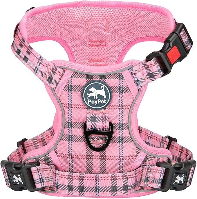 PoyPet No Pull Dog Harness, [Release at Neck] Reflective Adjustable No Choke Pet Vest with Front & Back 2 Leash Attachments, Soft Control Training Handle for Small Dogs(Checkered Pink,XS)