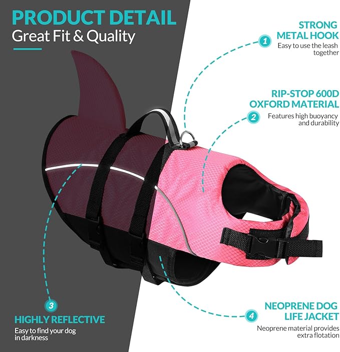 Queenmore Small Dog Life Jacket,Shark Dog Life Vest for Swimming,Puppy Light Life Preserver for Boating Kayaking Canoeing,Pet Reflective Lifesaver with High Buoyancy,Rescue Handle,Leash Hook (Pink,L)