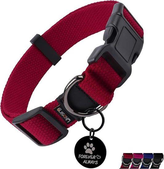 Cotton Soft Dog Collar, Quick Release Dog Collar with Buckle, Heavy-Duty Adjustable Pet Collar for XS Small Medium Large Dog, Colorfast Dog Collars with Removable Tag(M, Red)
