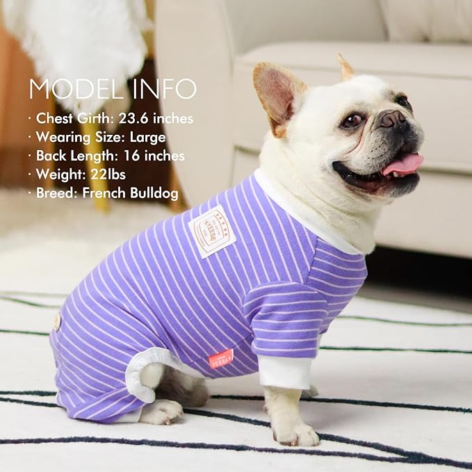 KYEESE Dog Pajamas Lightweight Doggie Onesie Striped Pet Pjs Stretchable Pet Outfit Soft Dogs Clothes Comfort Dog Pajamas for Small Dogs, Purple, S
