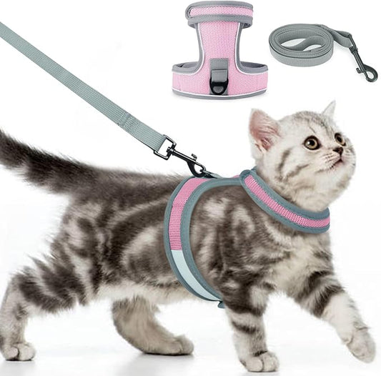Cat Harness and Leash Set, Escape Proof Adjustable Kittens Vest with Reflective Strip, Easy to Wear for Cats Walking and Traveling, Soft Mesh Kitten Harness for Small Medium Large Cats