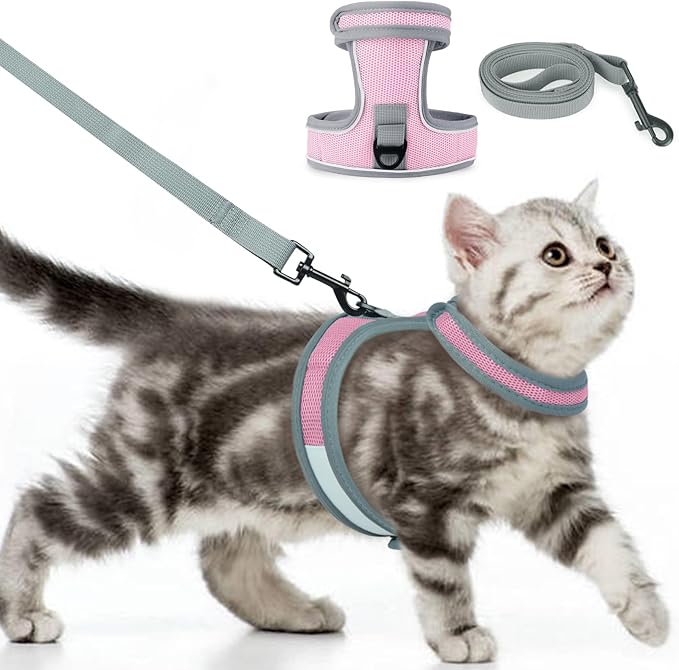 Cat Harness and Leash Set, Escape Proof Adjustable Kittens Vest with Reflective Strip, Easy to Wear for Cats Walking and Traveling, Soft Mesh Kitten Harness for Small Medium Large Cats