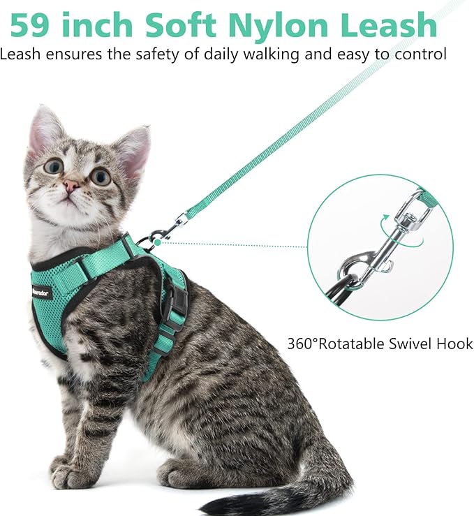 Dooradar Cat Harness and Leash Set, Escape Proof Safe Adjustable Kitten Vest Harnesses for Walking, Easy Control Soft Breathable Mesh Jacket with Reflective Strips for Cats, Green, S