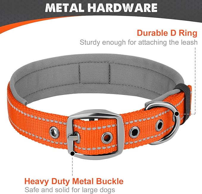 Joytale Dog Collar for Large Dogs, Neoprene Padded and Adjustable, Reflective Wide Heavy Duty Pet Collars with Durable Metal Belt Buckle for Walking, Orange, L