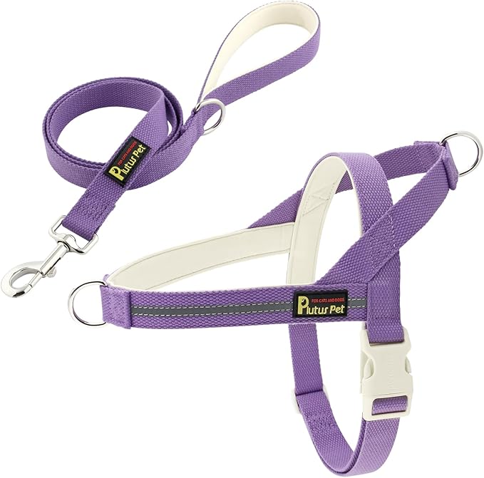 Plutus Pet Cotton Dog Harness and Leash Set, Reflective and Soft Padded, Quick Fit Vest Harness, for Small, Medium and Large Dogs, Medium Purple, S