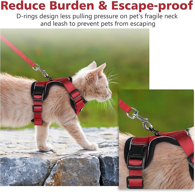 Dooradar Cat Harness and Leash Set, Escape Proof Safe Adjustable Kitten Vest Harnesses for Walking, Easy Control Soft Breathable Mesh Jacket with Reflective Strips for Cats, Red, S