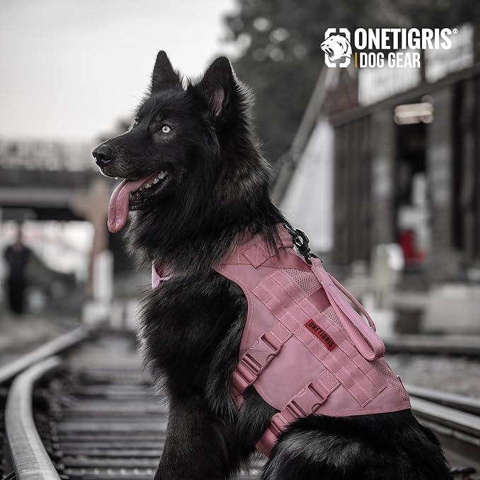 OneTigris Tactical Dog Harness for Small Dog, No Pull Small Dog Vest Harness with Handles Breathable Military Dog Molle Vests, Harness for Walking Hiking Training (Pink, Medium)