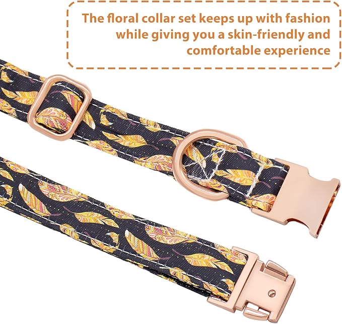 Dog Collar and Leash Set Adjustable Girls Puppy Floral Collars with Bow Tie for Small Medium Large Dogs(XS, Feather)