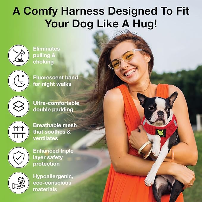 EcoBark Step in Dog Harness - Eco-Friendly Small Dog Harnesses for Small & Medium Breed Dogs - Reflective and Adjustable Body Halter Vest - Soft Mesh Harness (Red, Medium)