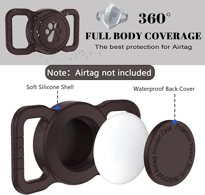 SANKALA Airtag Dog Collar Holder, [1 Pack] Waterproof Dog Airtag Holder, Silicone Full Body Covered Anti-Lost Protective Apple Air Tag Holder for Pet Collar - Fits All Width Collars, Coffee