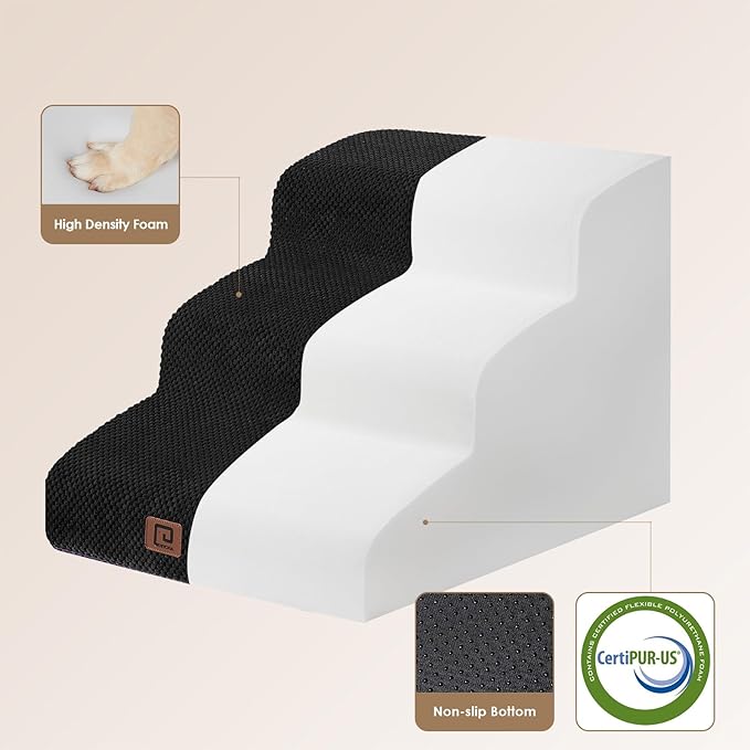 EHEYCIGA Curved Dog Stairs Ramp for Small Dogs 15.7" H, 3-Step Dog Steps for Couch Sofa and Chair, Pet Stairs for Cats, Non-Slip Balanced Pet Steps Indoor, Black