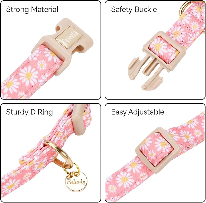 Faleela Dog Collar - Cute & Comfy Cotton Pet Collar, Adjustable Lightweight Design with Quick-Release Buckle, for Small, Medium & Large Dogs - Multiple Styles Available (Pink Flower, Medium)