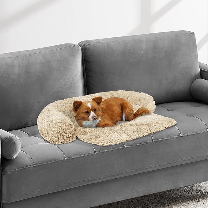 Calming Dog Bed Fluffy Plush Dog Mat for Furniture Protector with Removable Washable Cover for Large Medium Small Dogs and Cats (XS (31"x23.5"x5"), Beige)