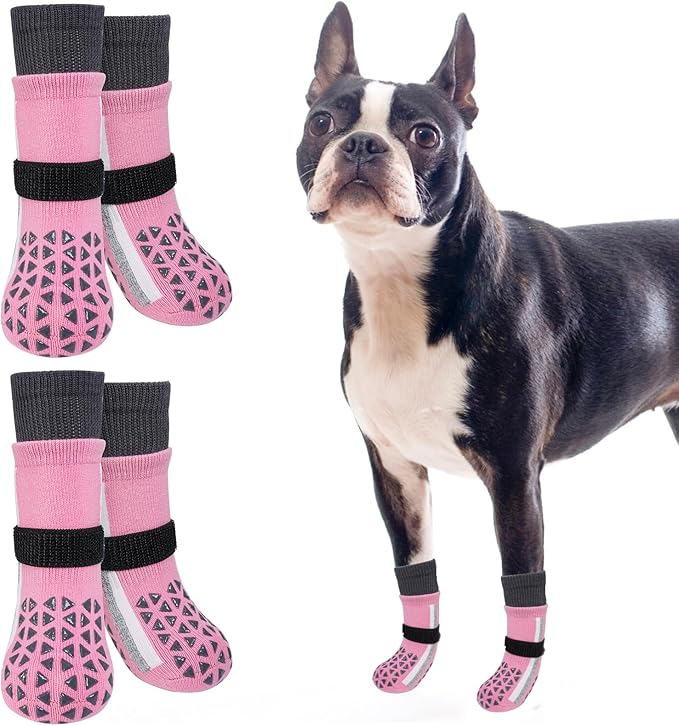 SCENEREAL Anti Slip Dog Socks for Hot Pavement to Prevent Licking Paws, Long Sporty Style Reflective Dog Grip Socks for Hardwood Floors, Dog Shoes Booties&Paw Protector for Medium Senior Dog, Pink M