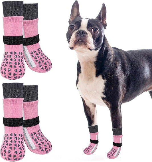 SCENEREAL Anti Slip Dog Socks for Hot Pavement to Prevent Licking Paws, Long Sporty Style Reflective Dog Grip Socks for Hardwood Floors, Dog Shoes Booties&Paw Protector for Medium Senior Dog, Pink M