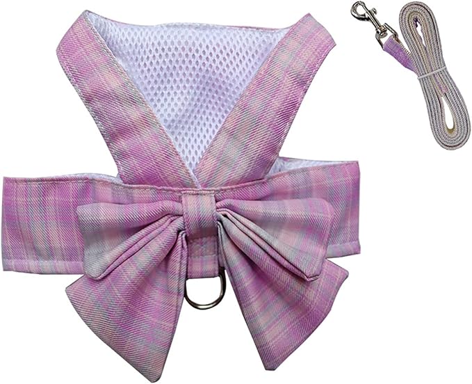 Dog Harness and Leash Set, Cute Bow Tie Plaid Harnesses for Puppy Cat, Adjustable Pet Kitties Vest, Breathable Harness Traction Rope for Boy Girl Small Animal(Harness Light Pink,S for 3.3-5.5lbs Dog)