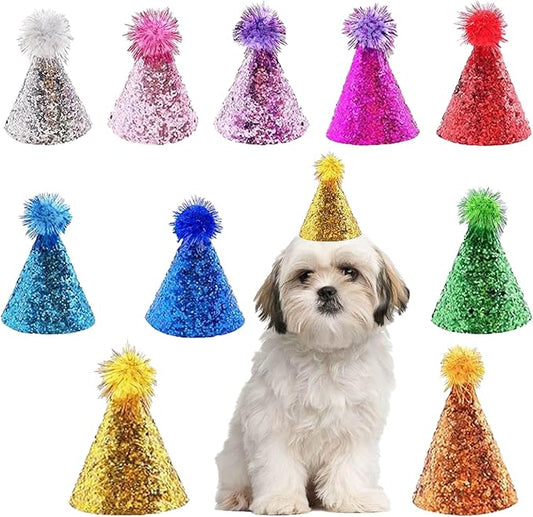 10PCS Dog Birthday Hat Set for Small Puppies Cat Kitten Rabbit, Mini Party Hat with Adjustable Headbands, Cute Pet Hat with Pompons for Party Decoration Accessories (Small)