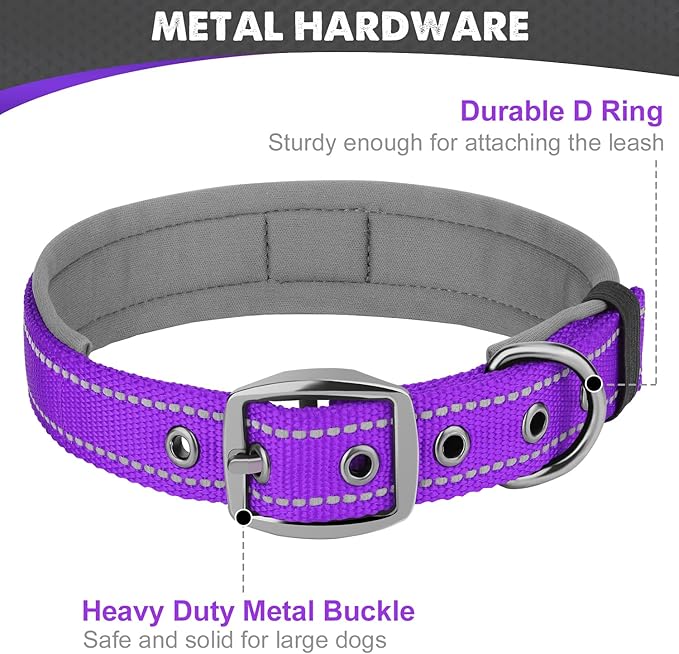 Joytale Dog Collar for Medium Dogs, Neoprene Padded and Adjustable, Reflective Wide Heavy Duty Pet Collars with Durable Metal Belt Buckle for Walking, Purple, M
