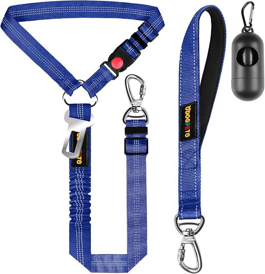 Dog Seat Belt Harness for Car, Dog Car Leash with Car Headrest & Buckle, Reflective Short Dog Leash, Pet 15 Inch Heavy Duty Leash for Dogs with Padded Handle & Locking Carabiner Clip, Ryoal Blue